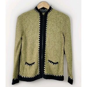 South Cotton Hand Loomed Women's Cardigan Jacket Zip Front Black Trim Medium